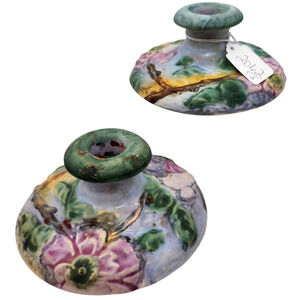 Pair (2) Vintage Weller Pottery Silvertone Candleholders